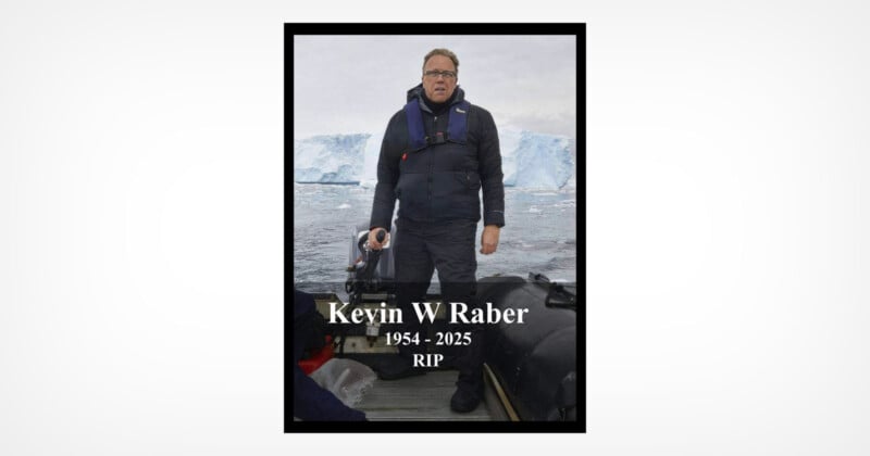 A man in a puffy jacket and life vest stands on a boat with icy waters and glaciers in the background. The text: "Kevin W Raber, 1954 - 2025, RIP" is overlaid on the image.