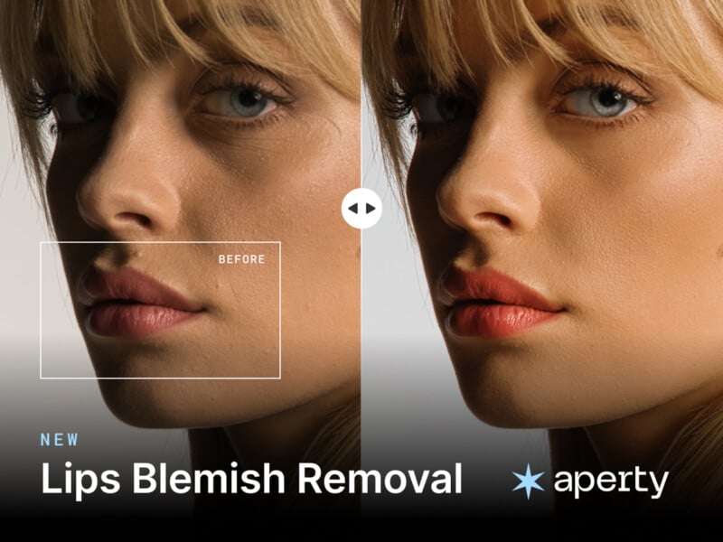 A split image showing a woman's face before and after using a lip blemish removal tool. The left side displays blemished lips; the right side shows smooth, enhanced lips. Text reads "New Lips Blemish Removal" and "aperty" with a star logo.