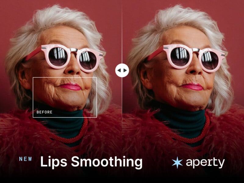 An elderly woman with short white hair wears large pink sunglasses and a red feathered coat. The image shows a before-and-after effect of lip smoothing, highlighting changes made to her lips with editing software, Aperty.