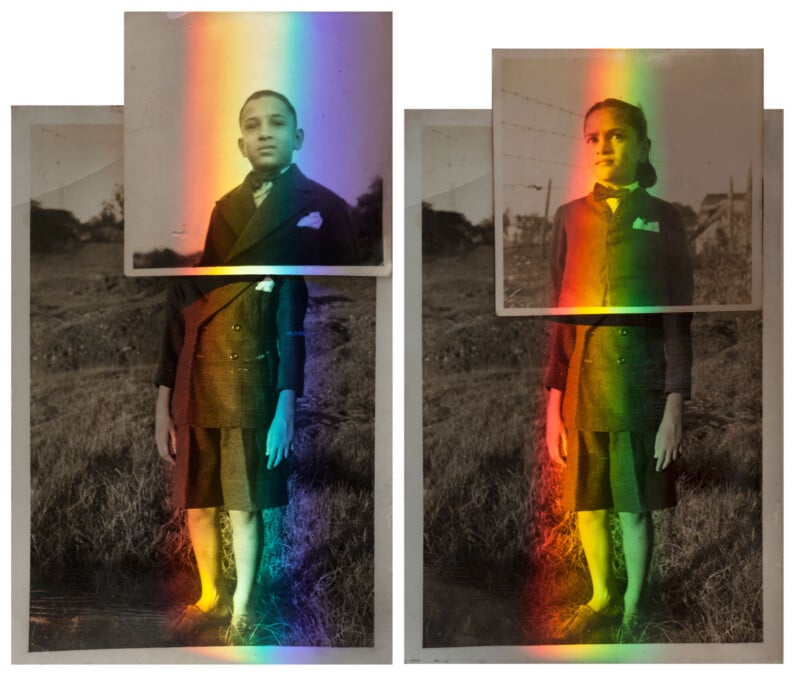 Two vintage portraits of a young person in a suit and bow tie, standing outdoors. Each photo is overlaid with a rainbow-colored light effect, creating a striking, colorful contrast against the black-and-white images.