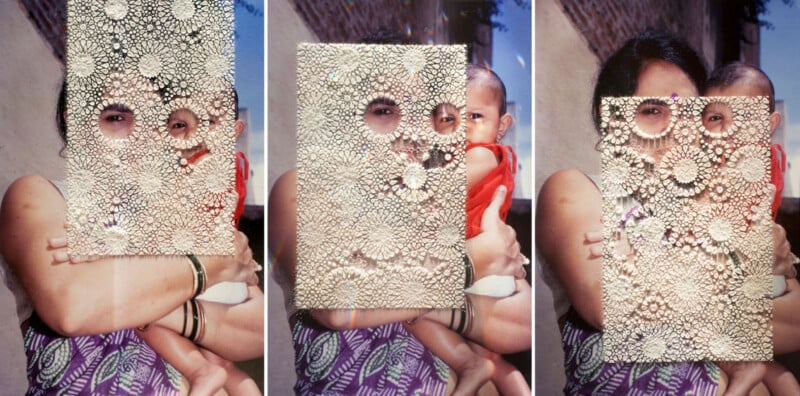 A woman holding a child is partially obscured by a decorative patterned lace in three side-by-side images. The patterns overlaying the photos create a delicate and intricate appearance. The woman wears a patterned dress with bangles.