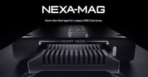 Close-up of a NEXA-MAG storage device for legacy RED cameras on a dark background. "INSERT MEDIA" is printed above the slot, and the text "Next-Gen Storage for Legacy RED Cameras" appears below the device name.