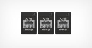 Three Nextorage memory cards are displayed in a row. They are labeled A2 Pro, with capacities of 640GB, 320GB, and 160GB. Each card shows specifications, including model number NX-AP2R0G0, 1950MB/s read, and 1900MB/s write speeds.