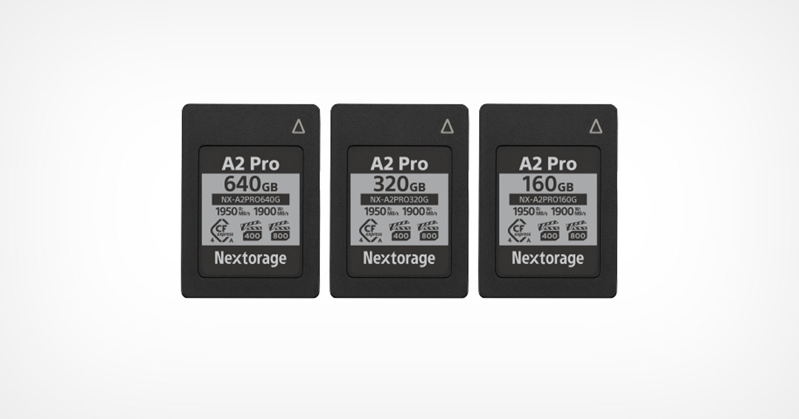 Three Nextorage memory cards are displayed in a row. They are labeled A2 Pro, with capacities of 640GB, 320GB, and 160GB. Each card shows specifications, including model number NX-AP2R0G0, 1950MB/s read, and 1900MB/s write speeds.