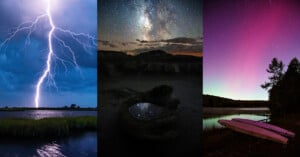 A triptych featuring: a powerful lightning bolt over marshland, a reflective rock pool beneath the starry Milky Way, and a serene lake view with a boat under a sky filled with purple and pink aurorae.