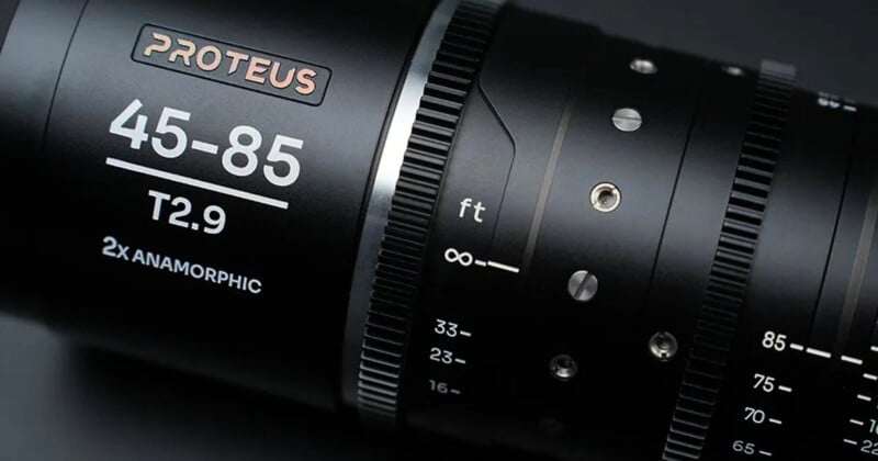 Close-up of a black lens with "PROTEUS" branding. It features markings for 45-85mm focal length and T2.9 aperture. The lens has measurement indicators and adjustment rings, and is described as "2x Anamorphic.