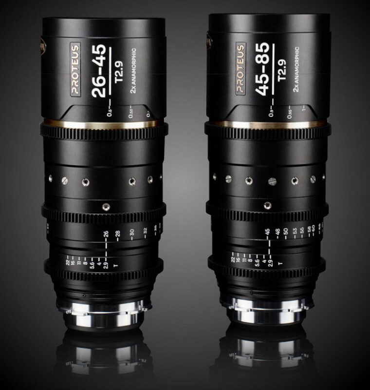 Two black camera lenses labeled "Proteus," with focal lengths of 26-45mm T2.0 and 45-85mm T2.0 respectively, shown against a dark gradient background. Both feature various adjustment rings and markings.