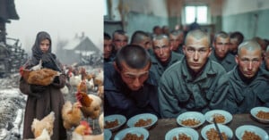 Left side: A young person in winter clothing holds a chicken, surrounded by several chickens in a snowy village. Right side: A group of people with shaved heads in gray uniforms sit at a long table with bowls of food in a communal dining setting.