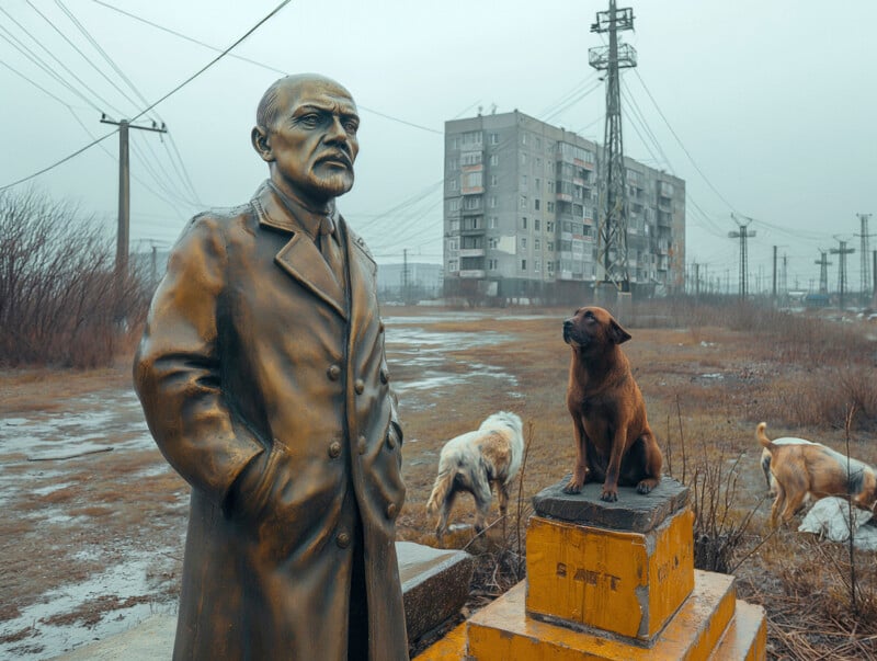 A bronze statue of a man stands with a stray dog sitting on the base, looking up. In the background, there are other dogs, a tall residential building, and several power lines under a cloudy sky.