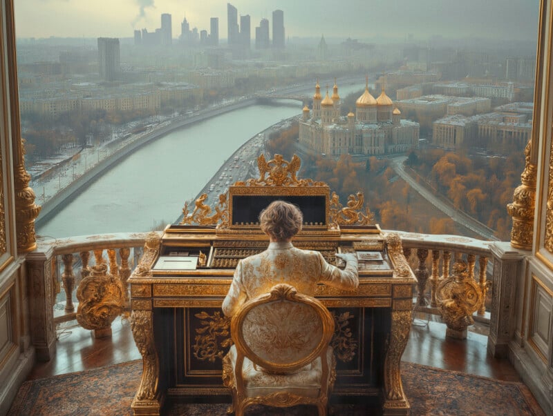 A person in ornate clothing sits at an elaborate antique desk, overlooking a foggy cityscape with a river and distant skyscrapers. A church with golden domes is visible on the right, surrounded by autumn trees.