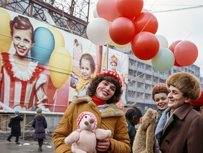 A person in a brown coat and red hat smiles while holding a teddy bear and colorful balloons. Two other people stand beside, also smiling. A large billboard with a child in a clown outfit is in the background.