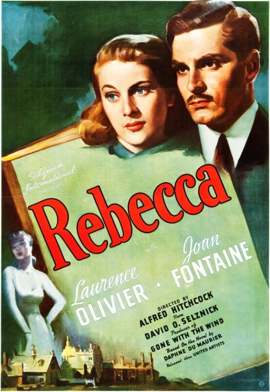 Classic movie poster for "Rebecca" featuring illustrated portraits of a woman and a man gazing to the side. The names Laurence Olivier and Joan Fontaine are displayed prominently along with director Alfred Hitchcock's name. A mansion is depicted below.