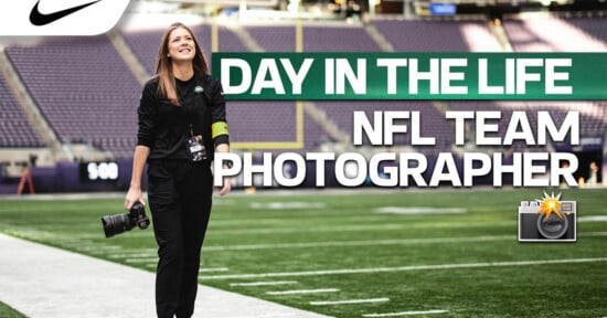 A woman holding a camera walks on a football field. Text reads, "Day in the Life: NFL Team Photographer." Nike logo is in the corner. The background shows NFL field markings and a scoreboard.