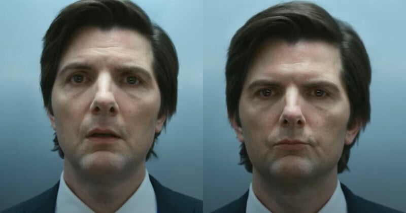 A man with medium-length dark hair is shown in two side-by-side images. He is wearing a suit and tie. On the left, his expression is neutral with his mouth slightly open. On the right, he has a more serious expression with closed lips.