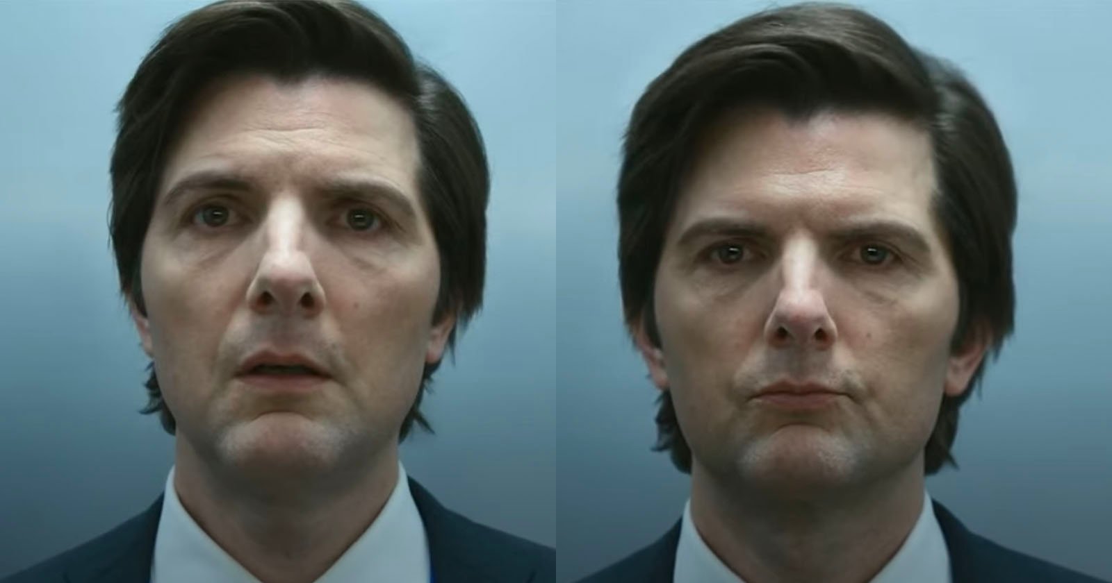 A man with medium-length dark hair is shown in two side-by-side images. He is wearing a suit and tie. On the left, his expression is neutral with his mouth slightly open. On the right, he has a more serious expression with closed lips.