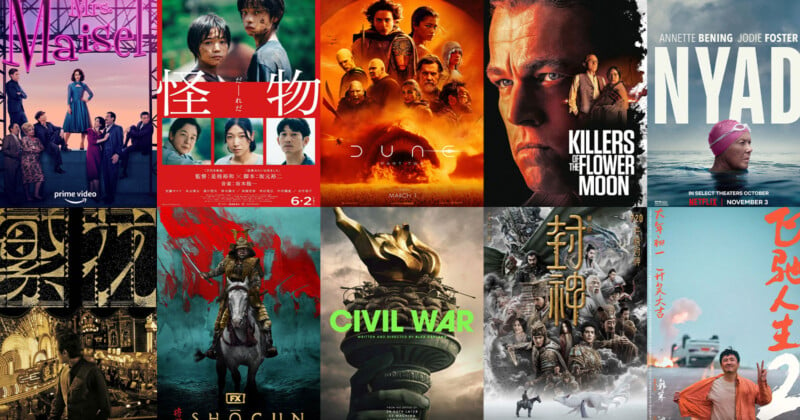 A collage of various movie and TV show posters including titles like "Dune," "Killers of the Flower Moon," "Shogun," and others, each featuring distinct imagery and actors relevant to their respective stories.