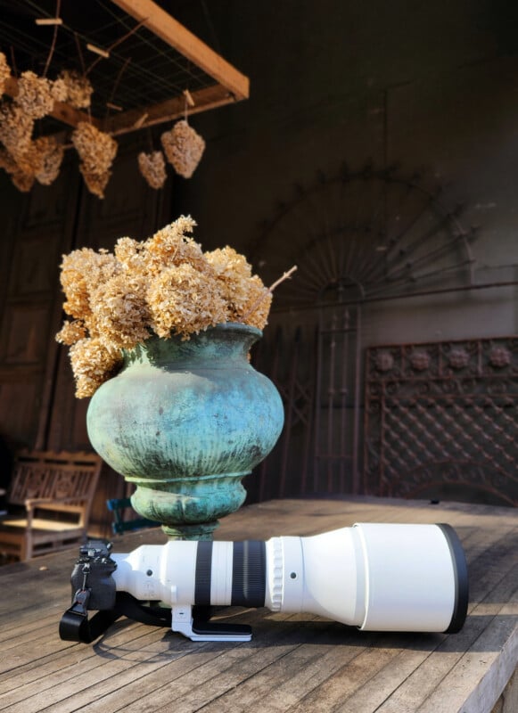 A large camera lens with a strap rests on a wooden table in front of a weathered green vase filled with dried flowers. The background features a dark, intricate metal door and dried flowers hanging from above.