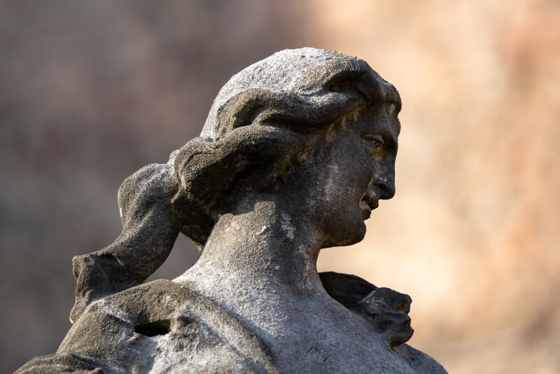 A close-up of a weathered stone statue depicting a figure with flowing hair turned to the right. The background is softly blurred, highlighting the texture and intricate details of the sculpture.