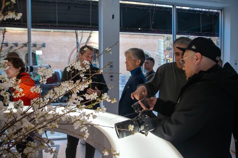 People gathered in a brightly lit room, focused on photographing a display of white flowers. One man points while others check cameras. Large windows show a brick building outside.