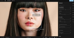 A photo editing software interface displaying a close-up image of a woman's face. The screen shows various retouching sliders on the right, including blemish, skin smoothing, and eye adjustments. A "Before" label is centered on her face.