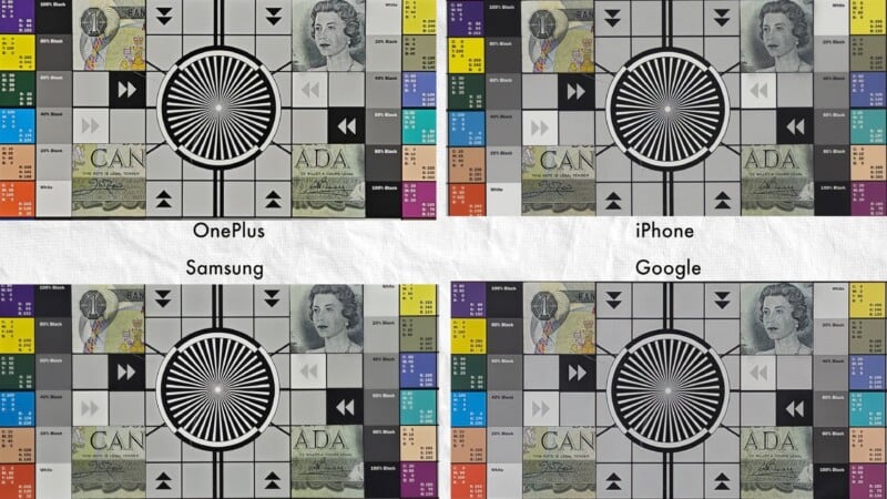 A comparison image of four different camera test photos labeled OnePlus, Samsung, iPhone, and Google. Each section displays similar test patterns with color blocks, a circular resolution target, and currency notes for evaluating camera performance.