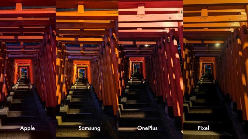 A split image comparing four phone cameras—Apple, Samsung, OnePlus, and Pixel—showcasing a tunnel of red torii gates at night. Each segment displays differences in lighting, color, and shadow detail.