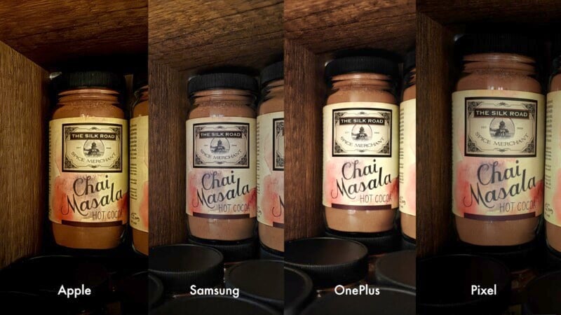 Comparison of a spice jar image taken by four different phone cameras: Apple, Samsung, OnePlus, and Pixel. Each photo shows slight variations in color, lighting, and detail, highlighting the differences in camera capabilities.