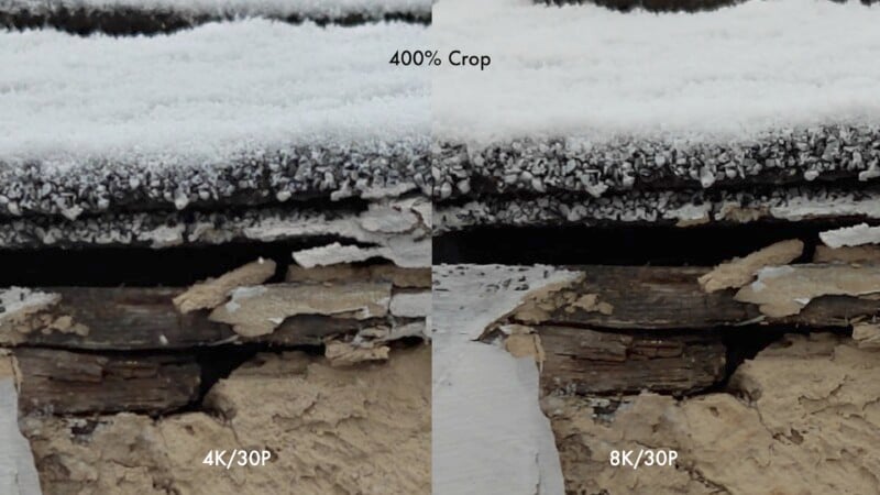 A side-by-side comparison of heavily cropped images shows a snow-covered surface with underlying peeling paint. The left is labeled 4K/30P, and the right is labeled 8K/30P, highlighting detail differences. Text at the top reads "400% Crop.