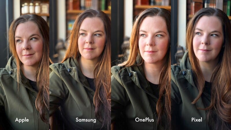 A woman with long brown hair and a green jacket is photographed four times in a row, each labeled with a different smartphone brand: Apple, Samsung, OnePlus, and Pixel. The background shows blurred bookshelves.