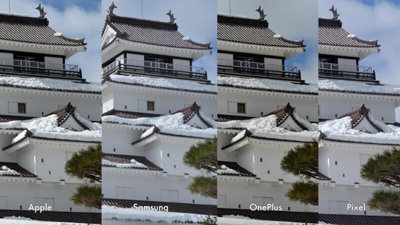 Four side-by-side images compare snow-covered traditional architecture taken by different smartphones: Apple, Samsung, OnePlus, and Pixel. Each section shows slightly varying contrasts and color tones. Snow and tree branches are visible.