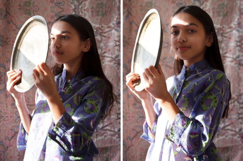 A woman in a floral blouse holds a round, reflective object beside her face. She stands in front of a patterned curtain. The image is split into two similar side-by-side views, with light and shadows on her face.