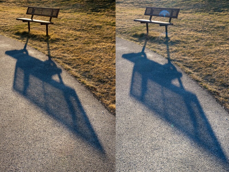 A split image shows a wooden park bench casting a shadow on a paved path. The sun casts long, exaggerated shadows on the left side, while on the right, a sun hat is placed on the bench, casting a distinctive shadow.