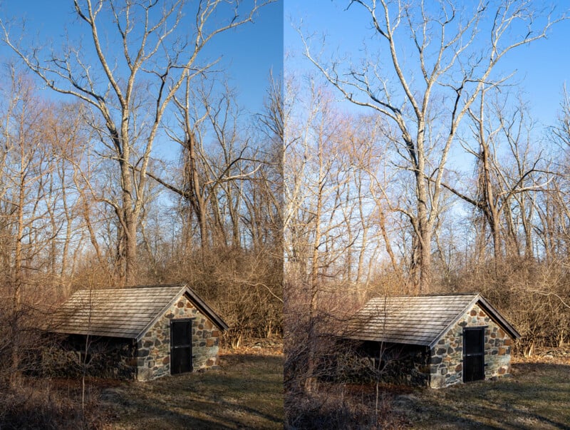 Stone shed with a wooden roof sits in a grassy area surrounded by leafless trees under a clear blue sky, shown in two similar side-by-side images, capturing different lighting or perspective.