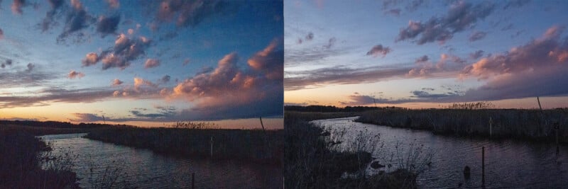 Panoramic view of a serene river at dusk, with a colorful sky featuring scattered clouds in shades of pink, orange, and purple. The darkened landscape includes water plants and reeds lining the riverbanks.