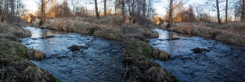 A narrow, gently flowing stream winds through a winter landscape with dry grass and bare trees lining the banks. The sky is clear, and the scene is captured in a panoramic view, emphasizing the tranquility of the setting.