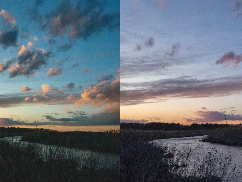 A split image showing a river landscape at two different times: the left side captures a vibrant blue sky with scattered clouds during sunset, while the right side shows a darker, more subdued sky at twilight.