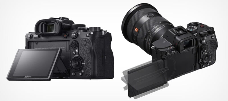 Two digital cameras are shown from the back. Both cameras have adjustable LCD screens tilted outward. The camera on the left displays the screen tilted to the left, while the one on the right shows the screen rotated to the side.