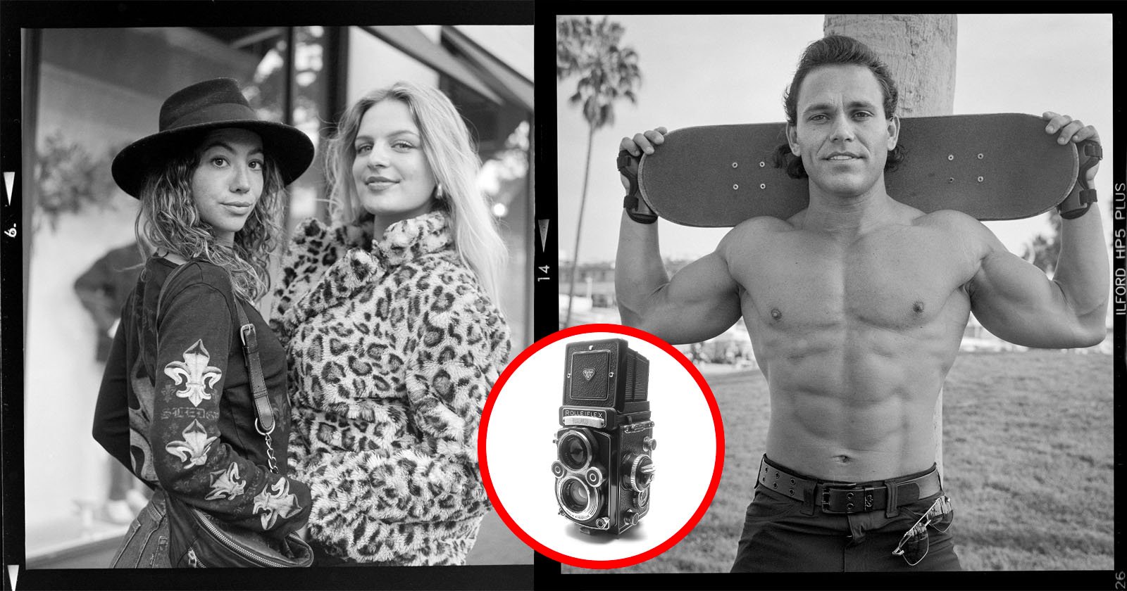 Black and white photo split in two: Left shows two fashionable women, one in a hat, the other in leopard print. Right features a shirtless man holding a skateboard behind his neck. A vintage camera is centered in a red circle between the images.