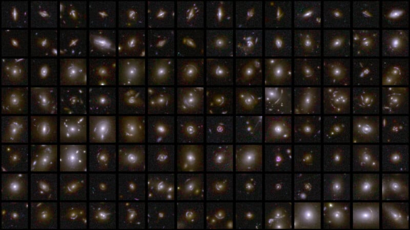 A grid of various galaxy images, each showcasing different shapes, sizes, and colors. Galaxies display spirals, ellipses, and irregular forms set against a dark background speckled with stars.