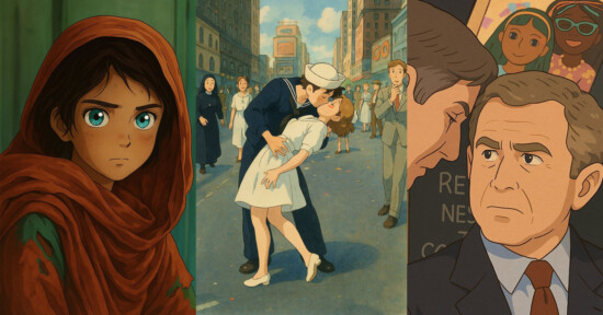 A triptych features three illustrated scenes: a child in a red scarf with large eyes, a sailor kissing a nurse in a city setting, reminiscent of a famous WWII photo, and a man in a suit with people and colorful posters in the background.