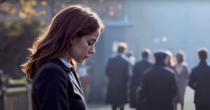 A young woman with long brown hair stands in profile, looking down, wearing a black coat. She is outdoors in a blurred background with people walking and soft sunlight filtering through trees.