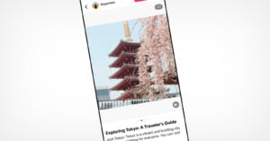 Mobile screen displaying a vertical image of a traditional multi-tiered pagoda with sakura (cherry blossoms) in the foreground. Below, text reads: "Exploring Tokyo: A Traveler's Guide.