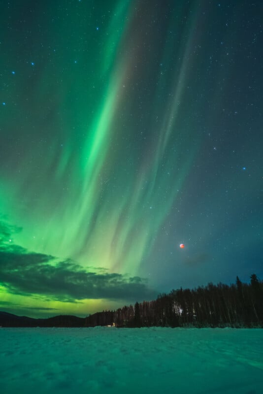 A vivid display of the Northern Lights stretches across a starry night sky, casting green and pink hues. Below, a snowy landscape with silhouetted trees adds contrast to the vibrant aurora above.