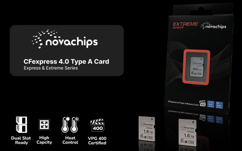 Packaging for a novachips Extreme CFexpress Type A Card. Features include dual slot ready, high capacity, dynamic power control, and VPG 400 certified. The package design highlights these features with icons.