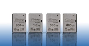 Four Novachips Express memory cards labeled Extreme are displayed in a row. Capacities are 800 GB, 1.6 TB, 330 GB, and 660 GB. Each card has specifications: CFexpress, 1200 MB/s write speed, and 1500 MB/s read speed. Background is reflective blue.