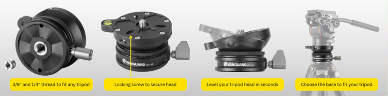 Image showing components of a tripod base system with labels: "3/8 and 1/4 thread to fit any tripod," "Locking screw to secure head," "Level your tripod head in seconds," and "Choose the base to fit your tripod.