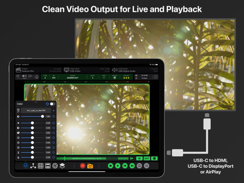 A tablet displays a video editing interface with color adjustment sliders and a preview of plant leaves with sunlight. An external screen shows the same video. Text reads "Clean Video Output for Live and Playback," with connection options below.