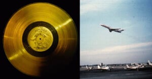 Split image: Left side features the golden cover of the Voyager Golden Record, a cultural artifact intended for space. Right side shows an airplane in flight over a runway with several smaller planes parked below.