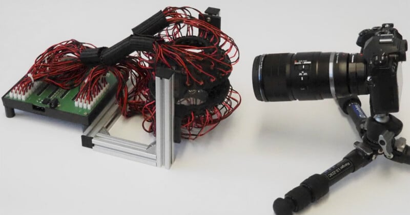 A camera on a tripod is positioned facing an array of electronic components with numerous red and black wires, mounted on a metal frame. The setup appears to be part of an experiment or technical setup.
