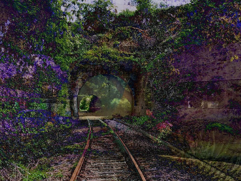 Train tracks lead into a stone tunnel surrounded by dense, colorful vegetation. The scene has a mystical, dreamlike quality with vivid greens and purples blending into the surroundings.